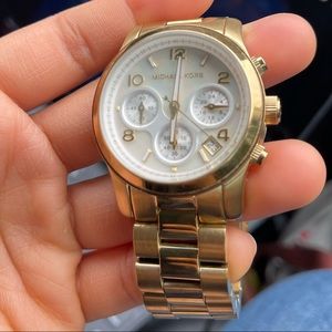 Michael Kors NEW BATTERY Gold Watch Mother of Pearl MK-5305 Runway Chronograph